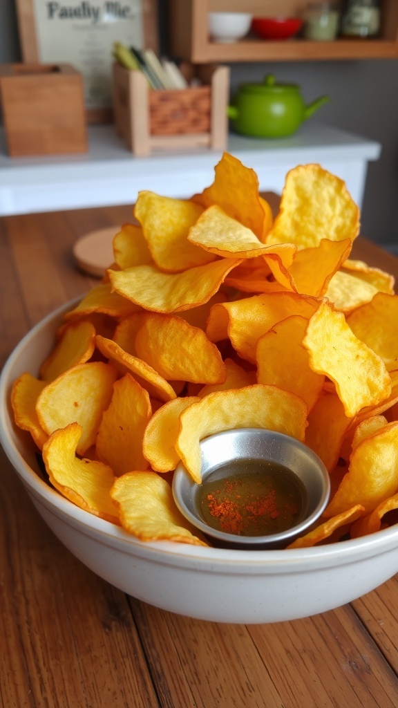 Filipino Style Potato Chips Recipe A bowl of golden crispy potato chips with a side of vinegar and chili powder on a wooden table.